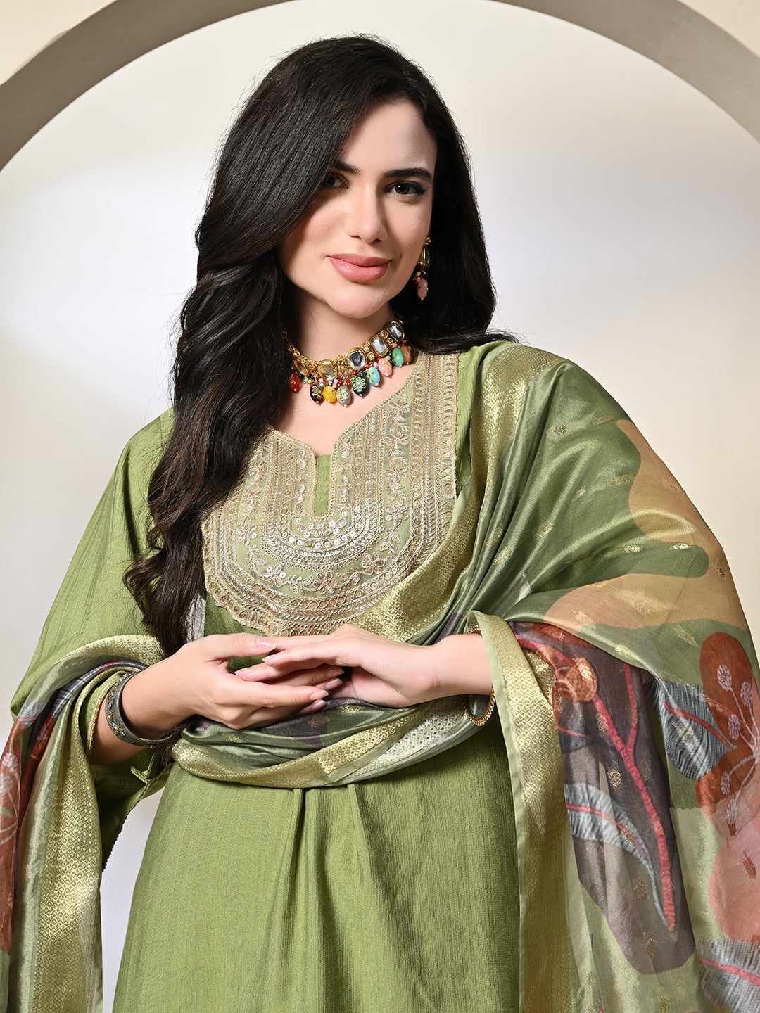 Myshka Women's Embroidered V-Neck Bell Sleeves Kurta & Dhoti Pants With Printed Dupatta Sets in Green Color | Grocsy