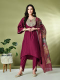 Myshka Women's Embroidered V-Neck Bell Sleeves Kurta & Dhoti Pants With Printed Dupatta Sets in Magenta Color | Grocsy