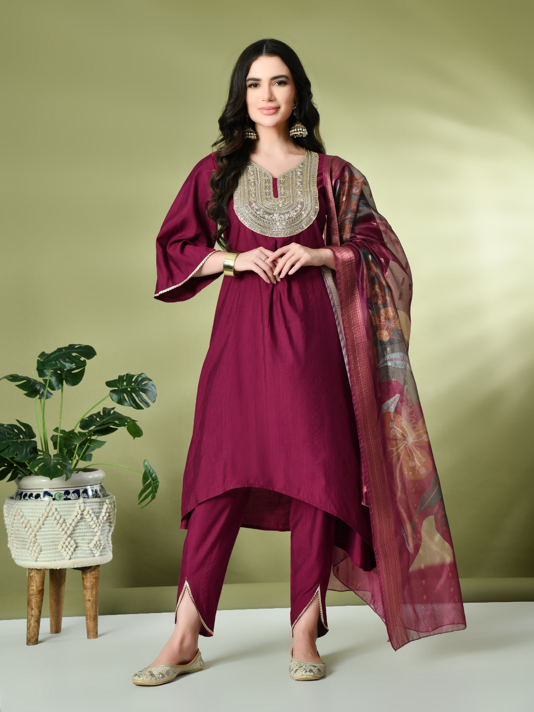 Myshka Women's Embroidered V-Neck Bell Sleeves Kurta & Dhoti Pants With Printed Dupatta Sets in Magenta Color | Grocsy