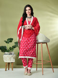 Myshka Women's Printed V-Neck Bell Sleeves Kurta & Trousers With Dupatta Sets in Pink Color | Grocsy