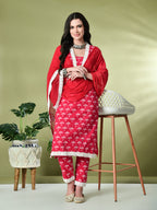 Myshka Women's Printed V-Neck Bell Sleeves Kurta & Trousers With Dupatta Sets in Pink Color | Grocsy