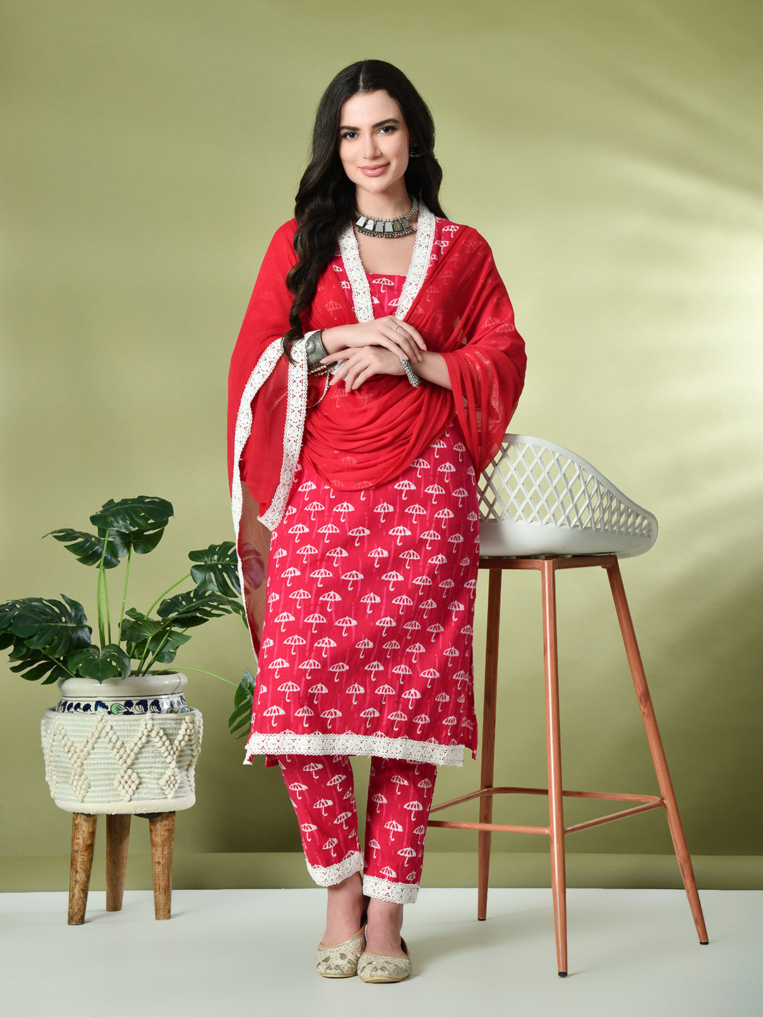 Myshka Women's Printed V-Neck Bell Sleeves Kurta & Trousers With Dupatta Sets in Pink Color | Grocsy
