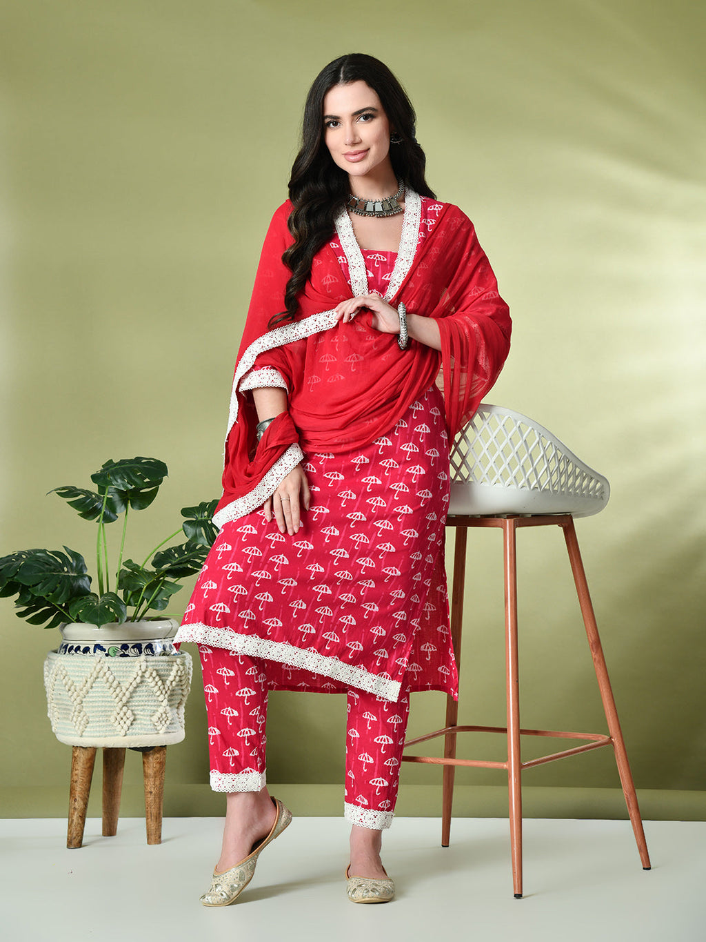 Myshka Women's Printed V-Neck Bell Sleeves Kurta & Trousers With Dupatta Sets in Pink Color | Grocsy