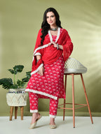 Myshka Women's Printed V-Neck Bell Sleeves Kurta & Trousers With Dupatta Sets in Pink Color | Grocsy
