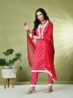 Myshka Women's Printed V-Neck Bell Sleeves Kurta & Trousers With Dupatta Sets in Pink Color | Grocsy