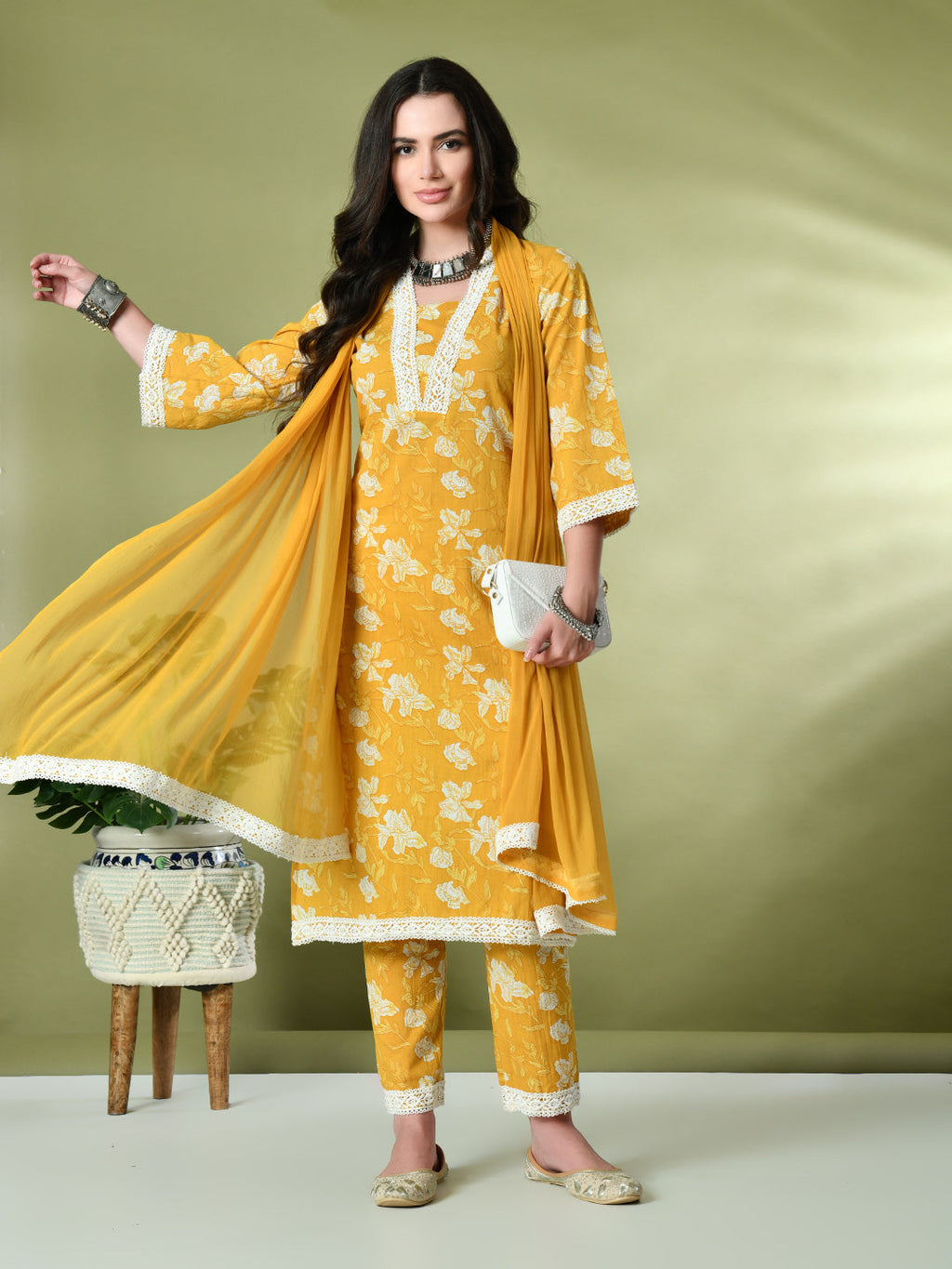 Myshka Women's Printed V-Neck Bell Sleeves Kurta & Trousers With Dupatta Sets in Yellow Color | Grocsy