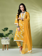 Myshka Women's Printed V-Neck Bell Sleeves Kurta & Trousers With Dupatta Sets in Yellow Color | Grocsy