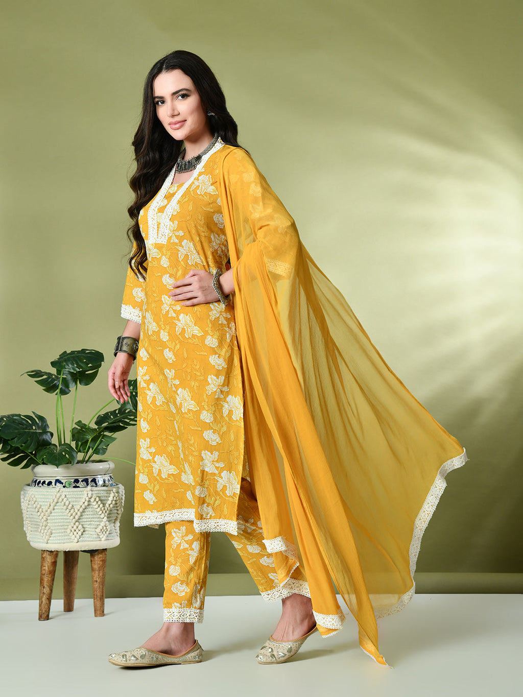 Myshka Women's Printed V-Neck Bell Sleeves Kurta & Trousers With Dupatta Sets in Yellow Color | Grocsy