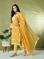 Myshka Women's Printed V-Neck Bell Sleeves Kurta & Trousers With Dupatta Sets in Yellow Color | Grocsy