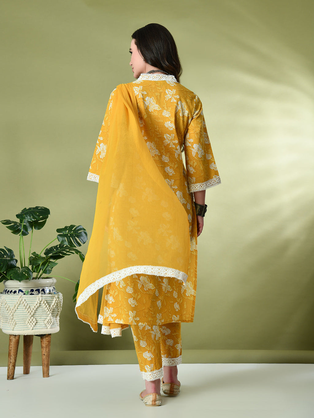 Myshka Women's Printed V-Neck Bell Sleeves Kurta & Trousers With Dupatta Sets in Yellow Color | Grocsy