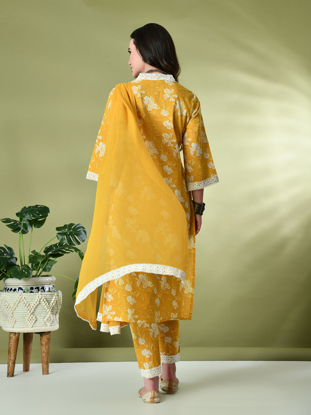 Myshka Women's Printed V-Neck Bell Sleeves Kurta & Trousers With Dupatta Sets in Yellow Color | Grocsy
