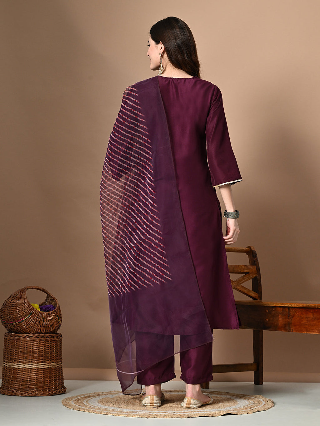 Myshka Women's Embroidered V-Neck Bell Sleeves Kurta & Palazzos With Printed Dupatta Sets in Magenta Color | Grocsy