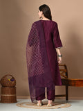 Myshka Women's Embroidered V-Neck Bell Sleeves Kurta & Palazzos With Printed Dupatta Sets in Magenta Color | Grocsy