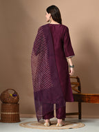 Myshka Women's Embroidered V-Neck Bell Sleeves Kurta & Palazzos With Printed Dupatta Sets in Magenta Color | Grocsy