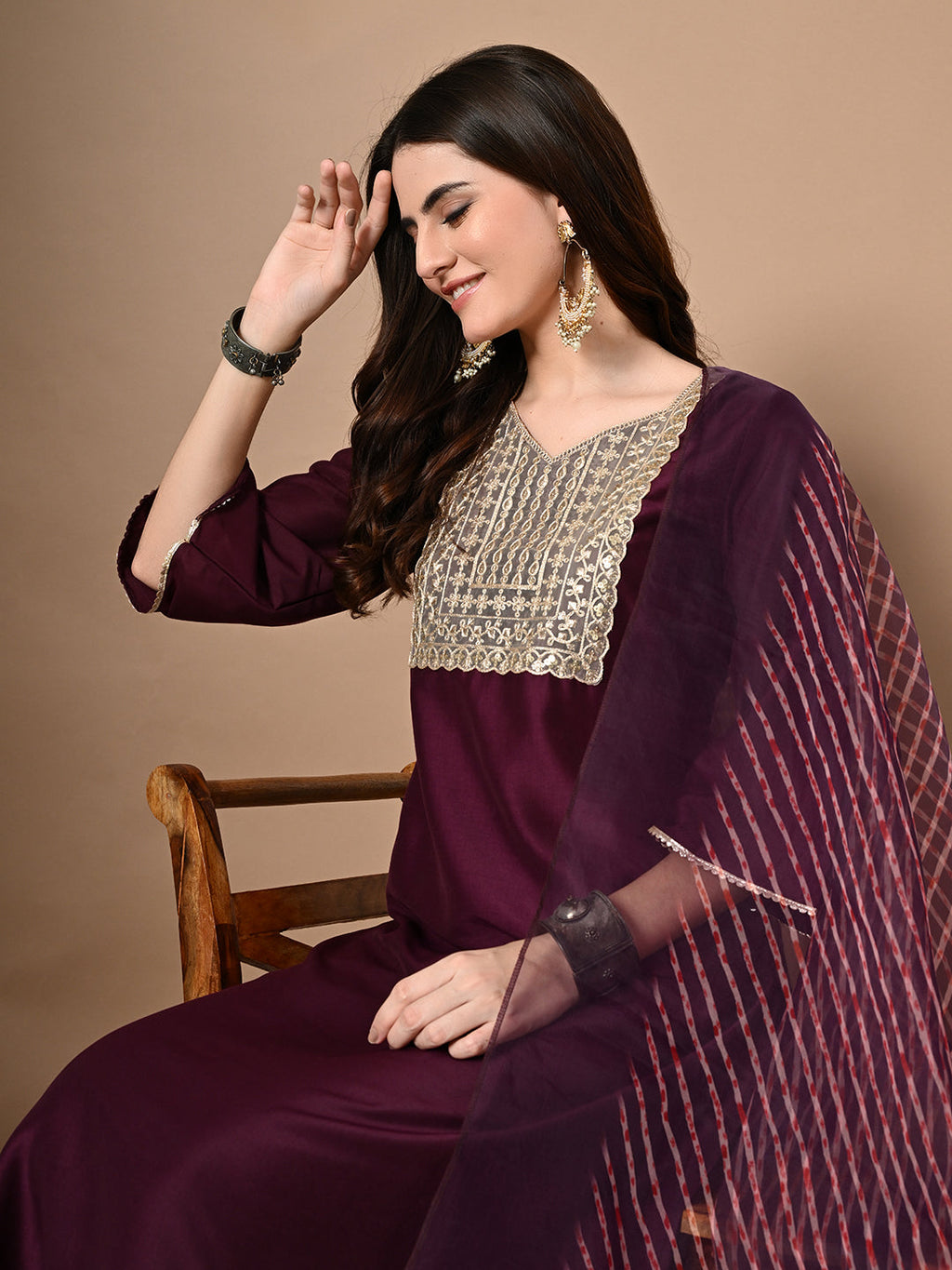 Myshka Women's Embroidered V-Neck Bell Sleeves Kurta & Palazzos With Printed Dupatta Sets in Magenta Color | Grocsy