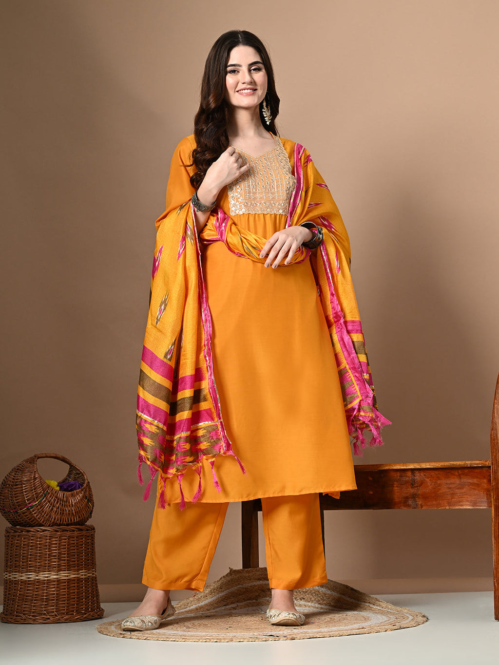 Myshka Women's Embroidered V-Neck Bell Sleeves Kurta & Palazzos With Printed Dupatta Sets in Yellow Color | Grocsy