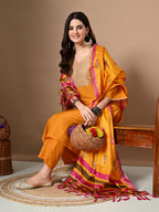Myshka Women's Embroidered V-Neck Bell Sleeves Kurta & Palazzos With Printed Dupatta Sets in Yellow Color | Grocsy