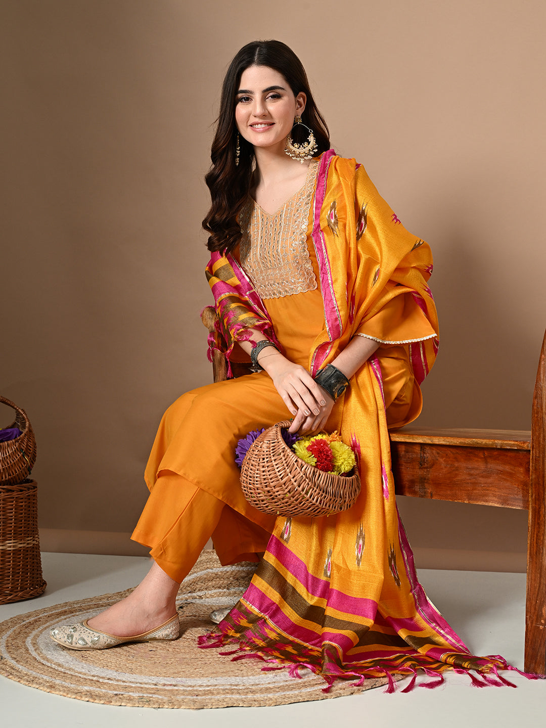 Myshka Women's Embroidered V-Neck Bell Sleeves Kurta & Palazzos With Printed Dupatta Sets in Yellow Color | Grocsy