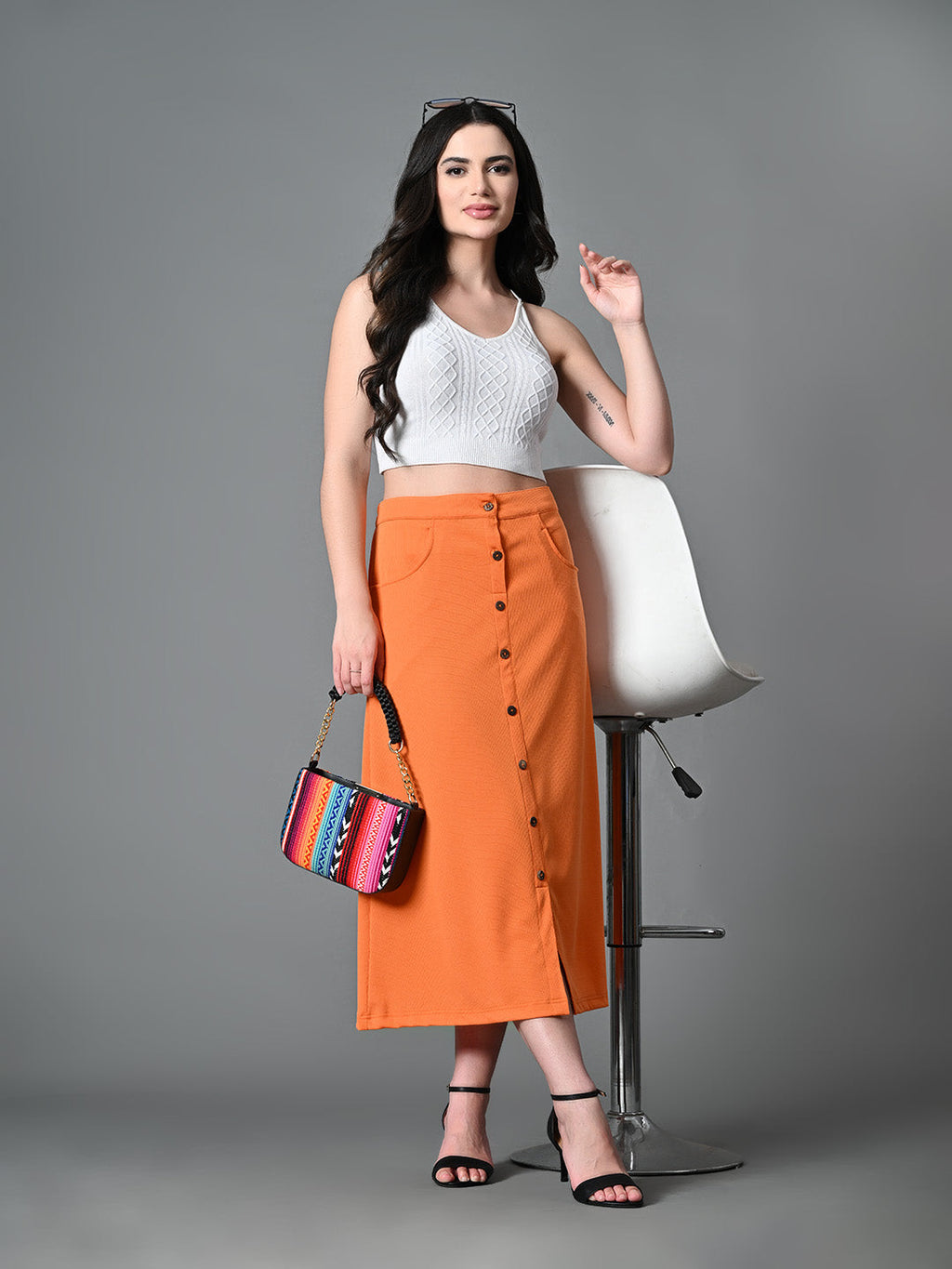 Myshka Women's Solid Ribbed A-Line Embellished Casual Skirt in Orange Color | Grocsy