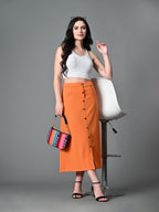 Myshka Women's Solid Ribbed A-Line Embellished Casual Skirt in Orange Color | Grocsy