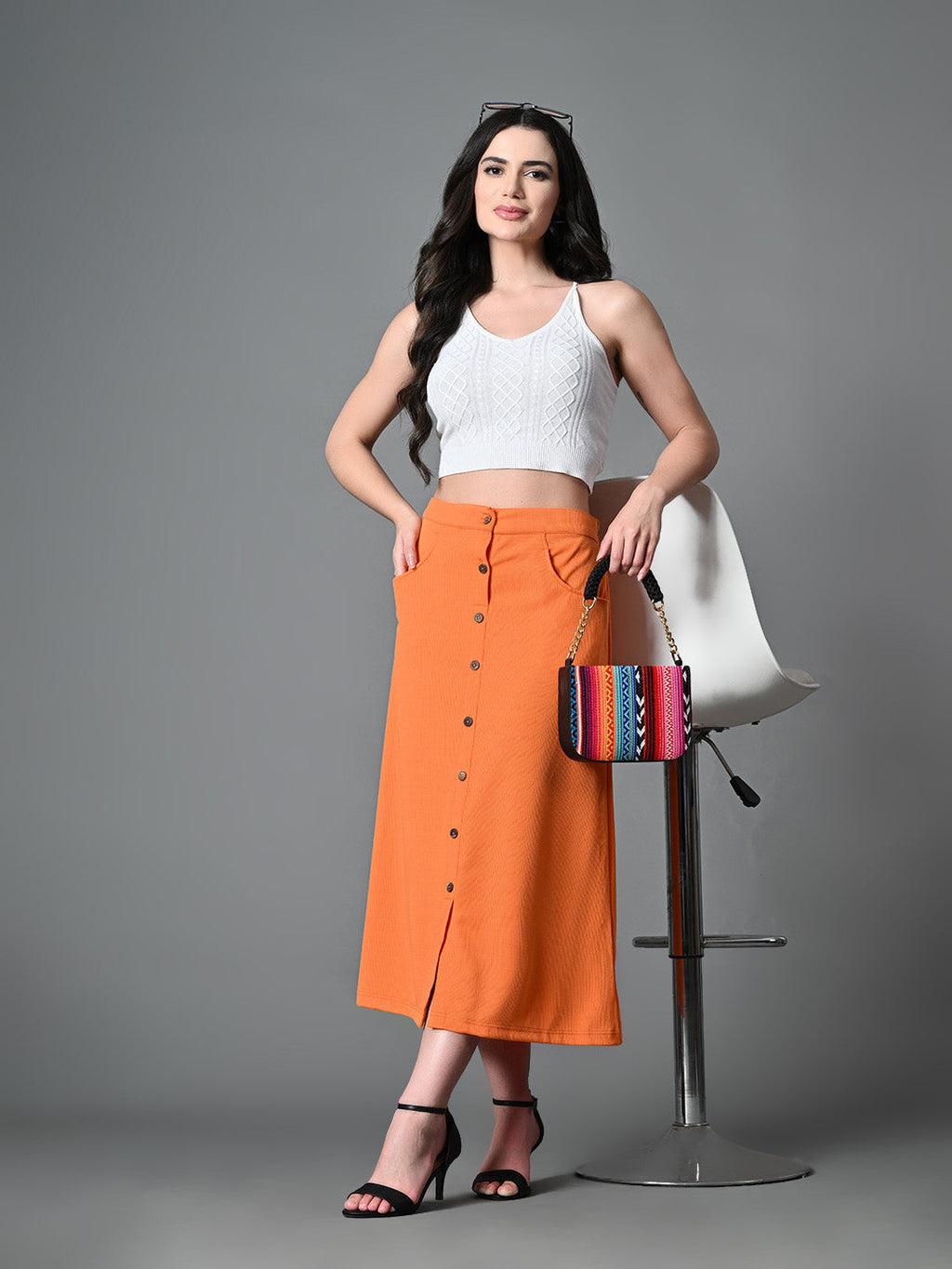 Myshka Women's Solid Ribbed A-Line Embellished Casual Skirt in Orange Color | Grocsy