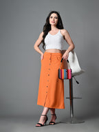 Myshka Women's Solid Ribbed A-Line Embellished Casual Skirt in Orange Color | Grocsy
