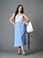 Myshka Women's Solid Ribbed A-Line Embellished Casual Skirt in Blue Color | Grocsy