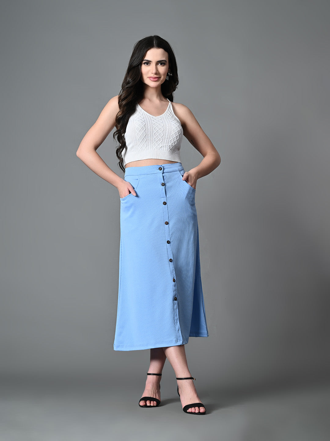 Myshka Women's Solid Ribbed A-Line Embellished Casual Skirt in Blue Color | Grocsy