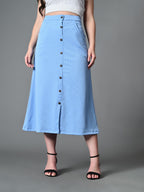 Myshka Women's Solid Ribbed A-Line Embellished Casual Skirt in Blue Color | Grocsy