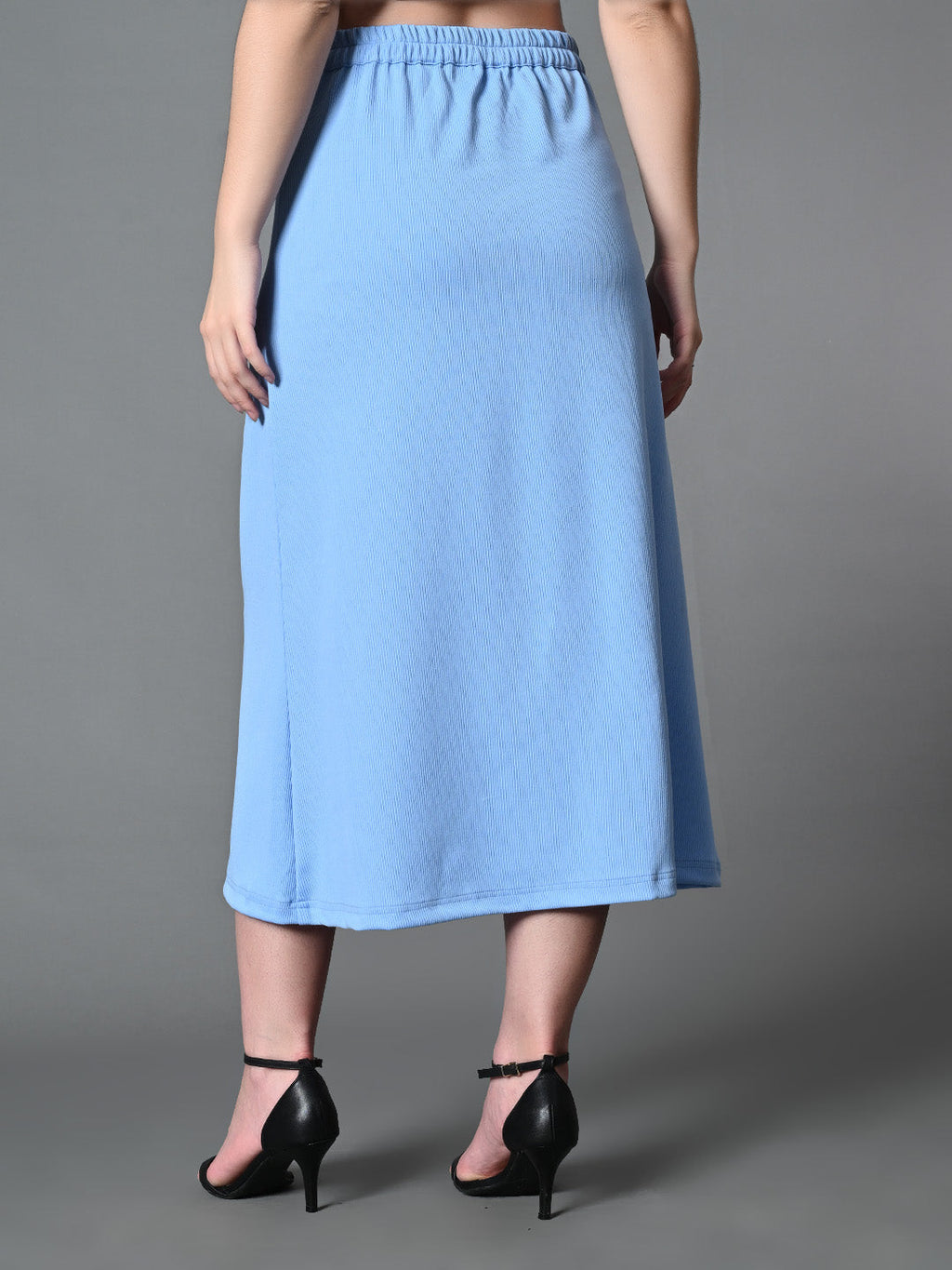 Myshka Women's Solid Ribbed A-Line Embellished Casual Skirt in Blue Color | Grocsy