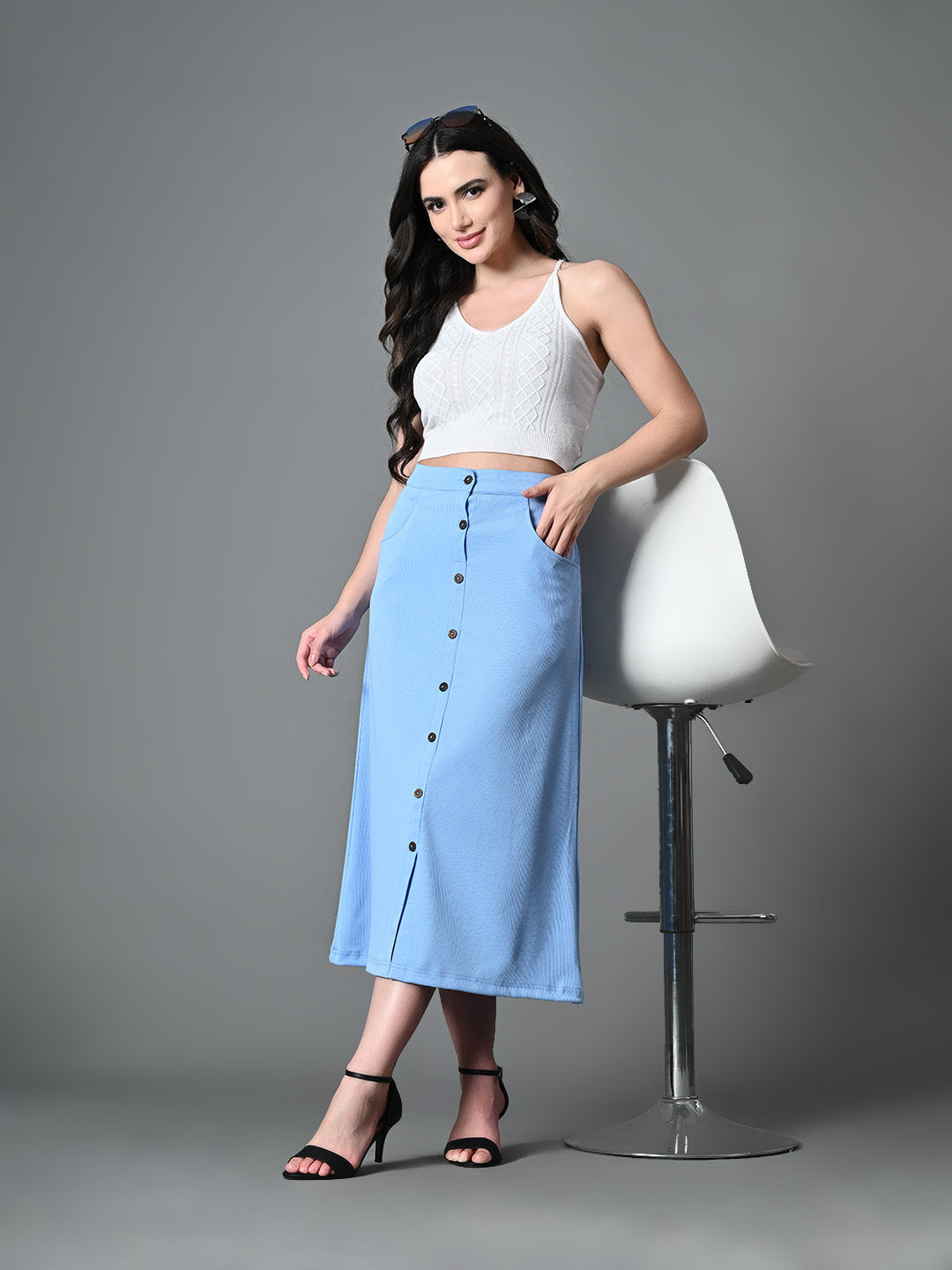 Myshka Women's Solid Ribbed A-Line Embellished Casual Skirt in Blue Color | Grocsy