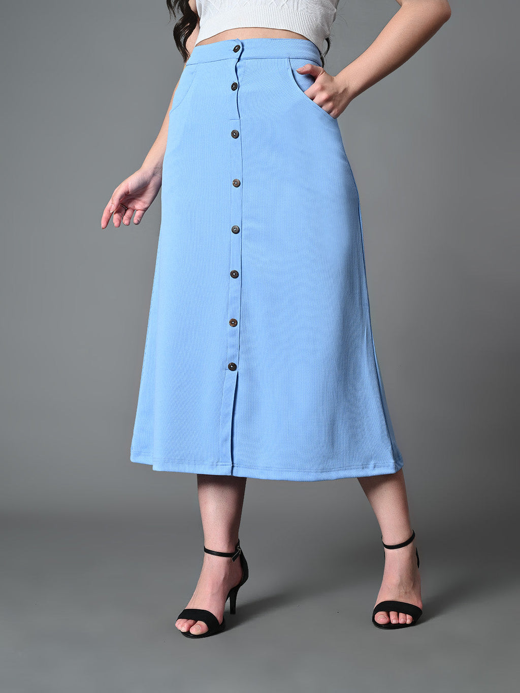 Myshka Women's Solid Ribbed A-Line Embellished Casual Skirt in Blue Color | Grocsy
