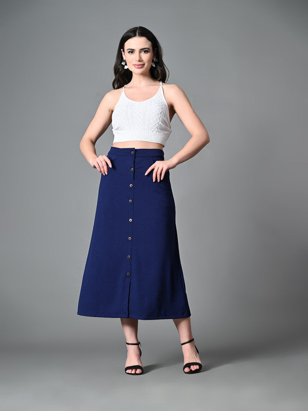 Myshka Women's Solid Ribbed A-Line Embellished Casual Skirt in Navy Blue Color | Grocsy