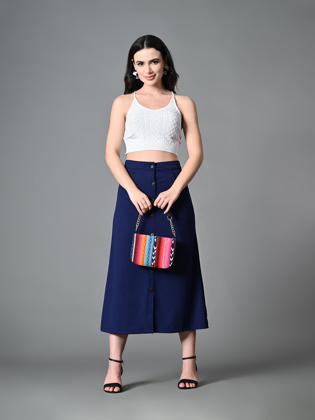 Myshka Women's Solid Ribbed A-Line Embellished Casual Skirt in Navy Blue Color | Grocsy