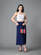Myshka Women's Solid Ribbed A-Line Embellished Casual Skirt in Navy Blue Color | Grocsy
