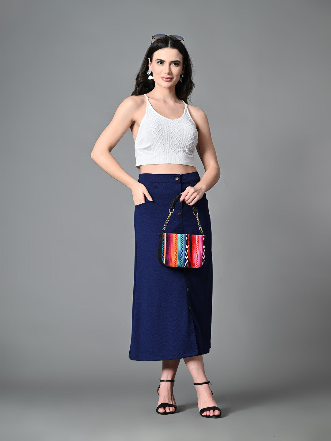 Myshka Women's Solid Ribbed A-Line Embellished Casual Skirt in Navy Blue Color | Grocsy