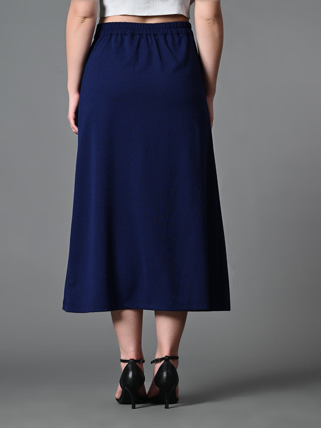 Myshka Women's Solid Ribbed A-Line Embellished Casual Skirt in Navy Blue Color | Grocsy