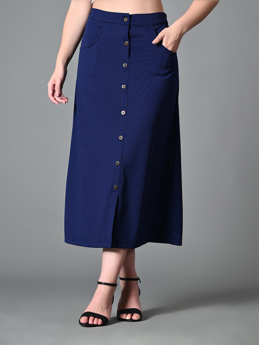 Myshka Women's Solid Ribbed A-Line Embellished Casual Skirt in Navy Blue Color | Grocsy