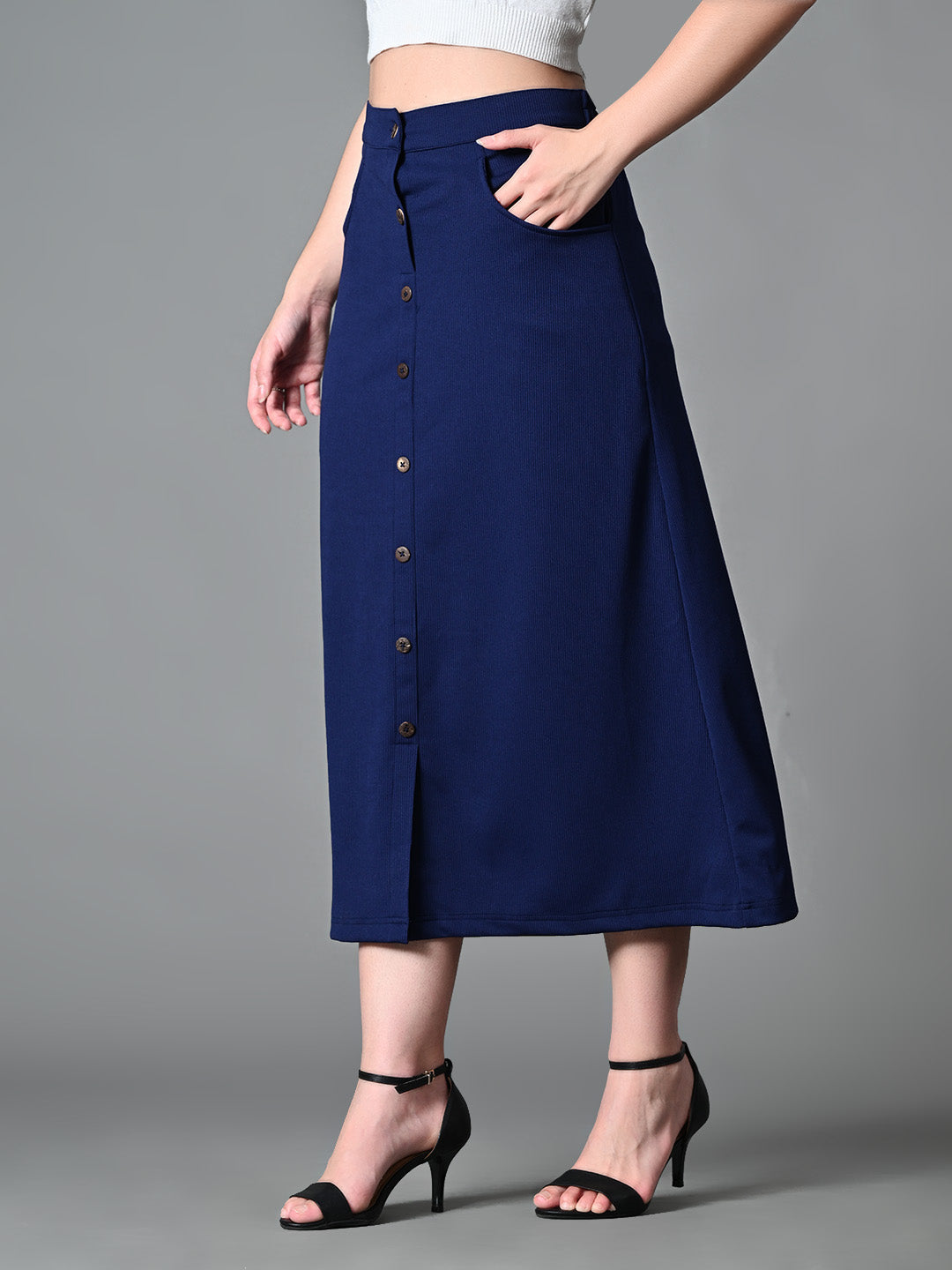 Myshka Women's Solid Ribbed A-Line Embellished Casual Skirt in Navy Blue Color | Grocsy