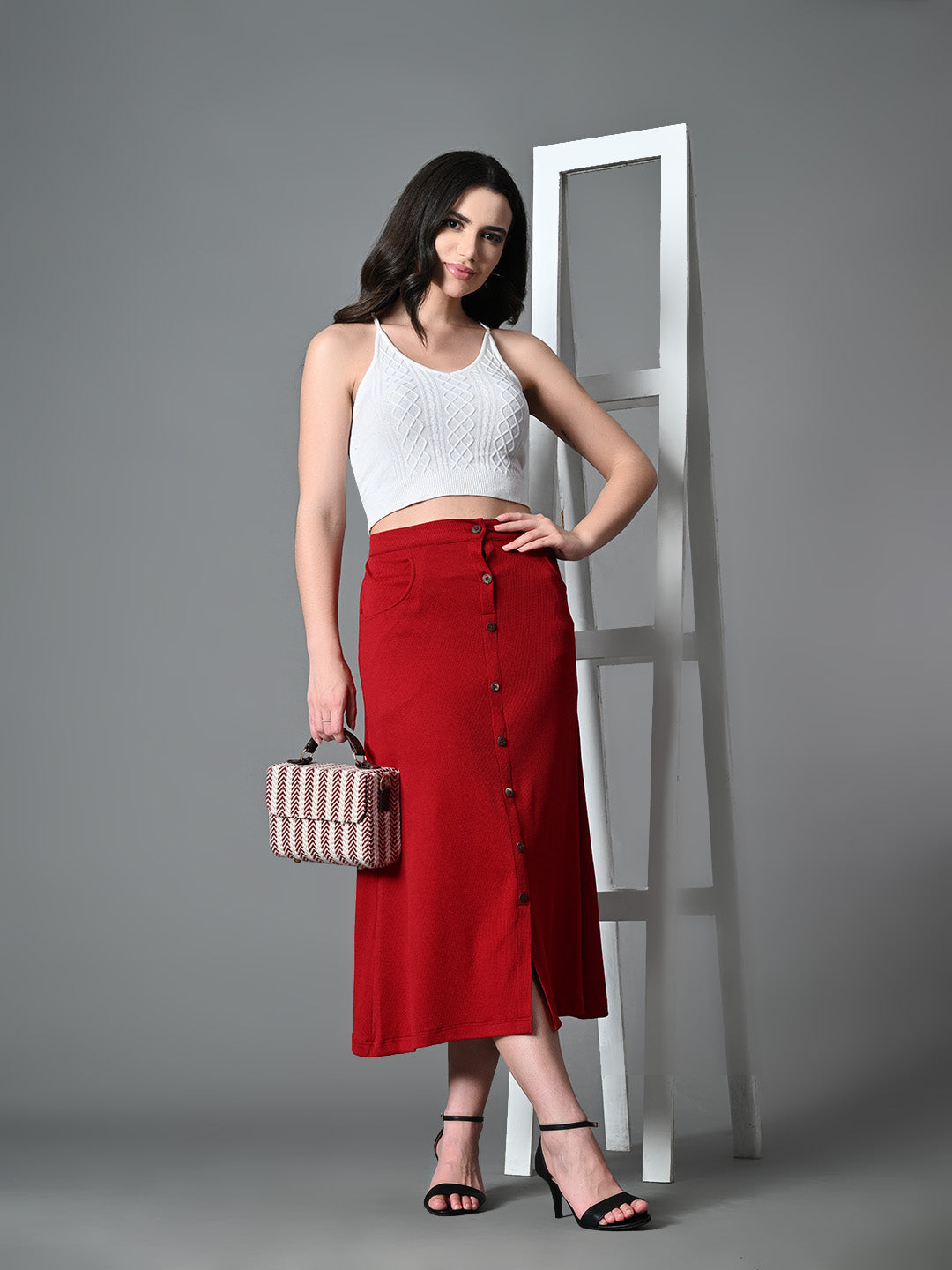 Myshka Women's Solid Ribbed A-Line Embellished Casual Skirt in Maroon Color | Grocsy