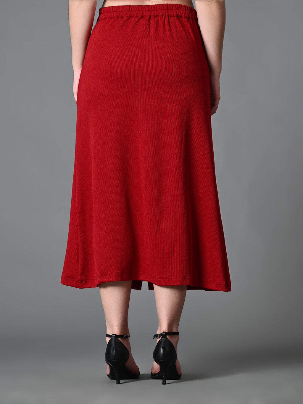 Myshka Women's Solid Ribbed A-Line Embellished Casual Skirt in Maroon Color | Grocsy