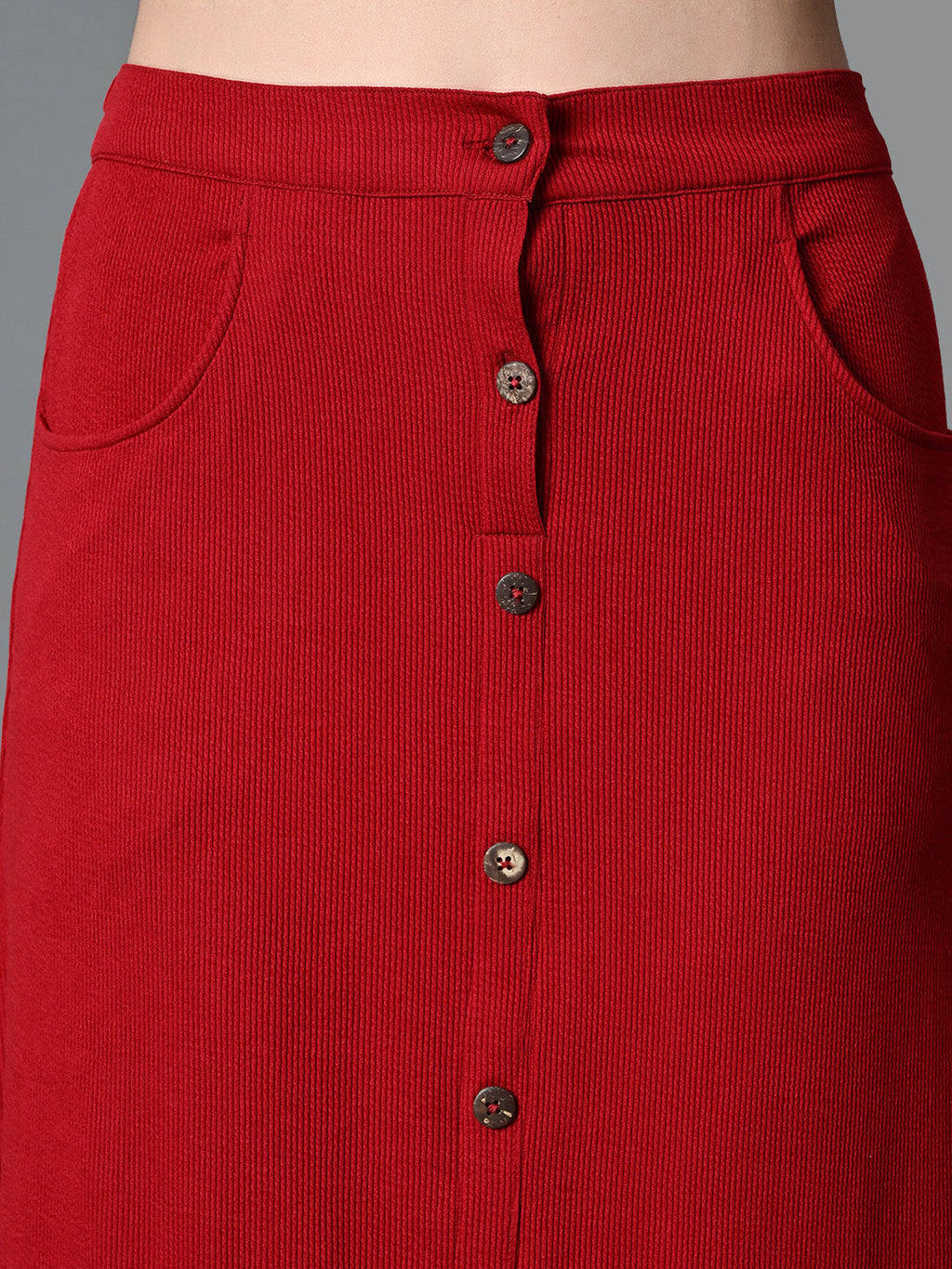 Myshka Women's Solid Ribbed A-Line Embellished Casual Skirt in Maroon Color | Grocsy