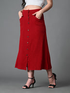 Myshka Women's Solid Ribbed A-Line Embellished Casual Skirt in Maroon Color | Grocsy