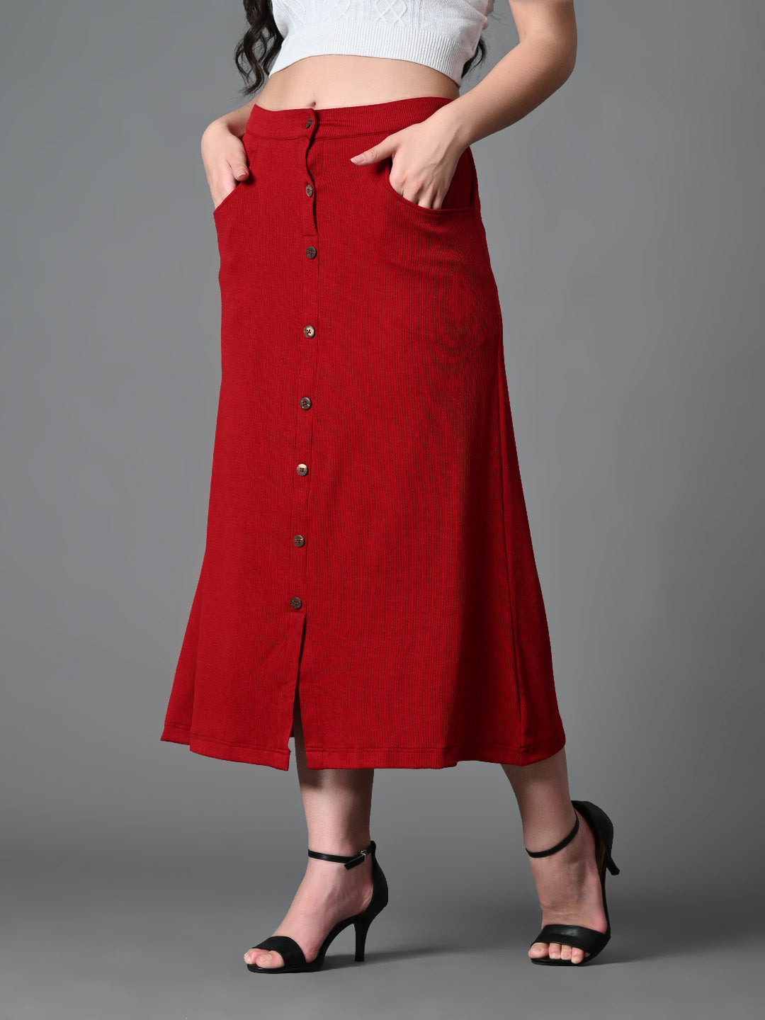 Myshka Women's Solid Ribbed A-Line Embellished Casual Skirt in Maroon Color | Grocsy