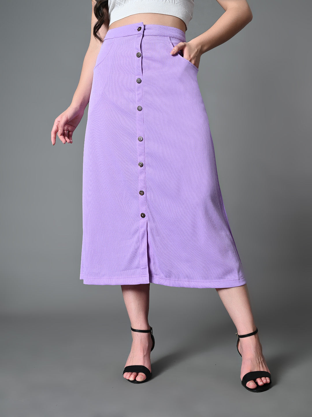 Myshka Women's Solid Ribbed A-Line Embellished Casual Skirt in Lavender Color | Grocsy
