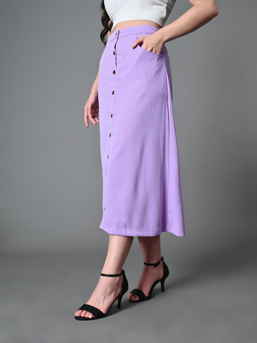 Myshka Women's Solid Ribbed A-Line Embellished Casual Skirt in Lavender Color | Grocsy