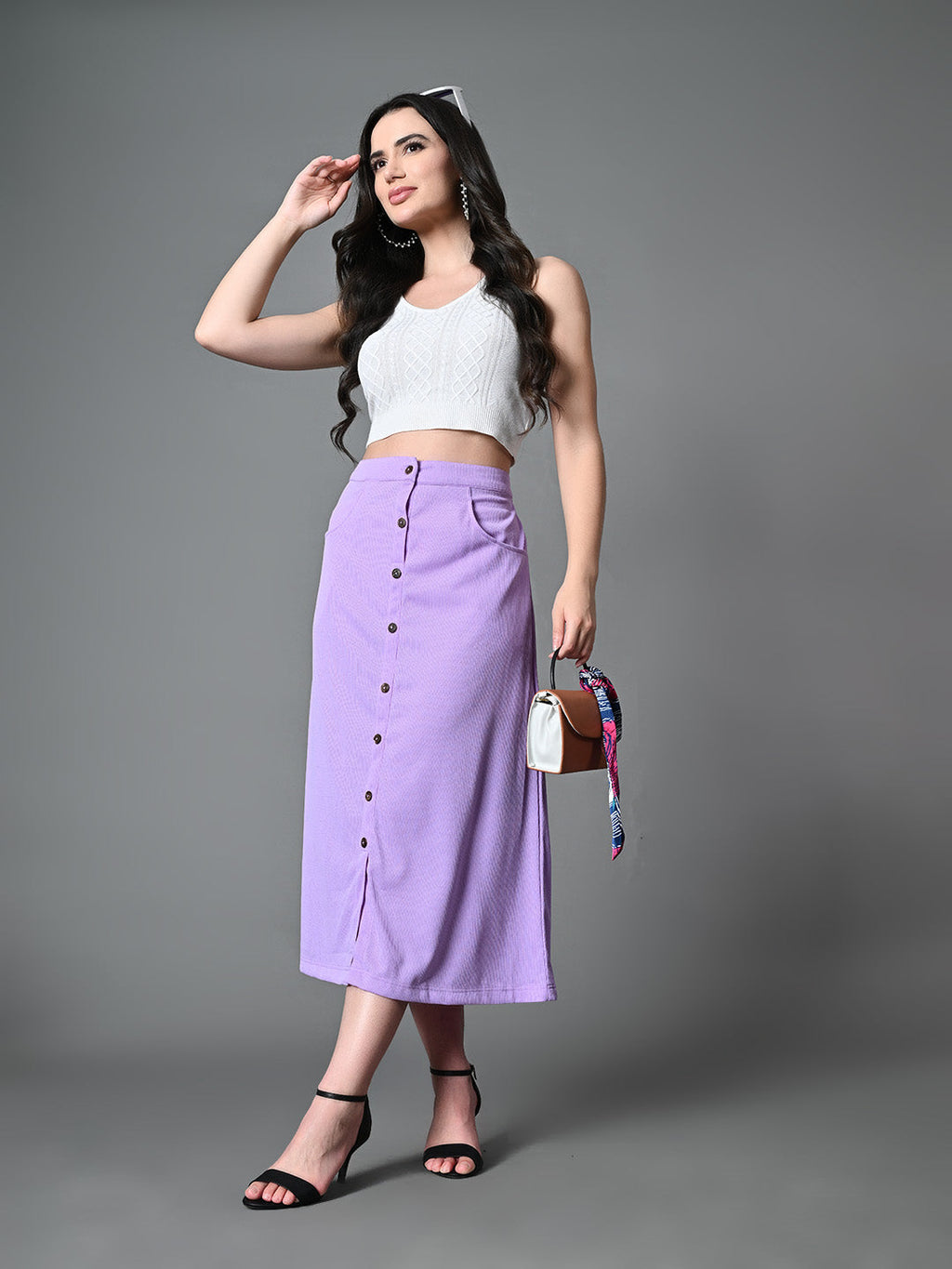 Myshka Women's Solid Ribbed A-Line Embellished Casual Skirt in Lavender Color | Grocsy