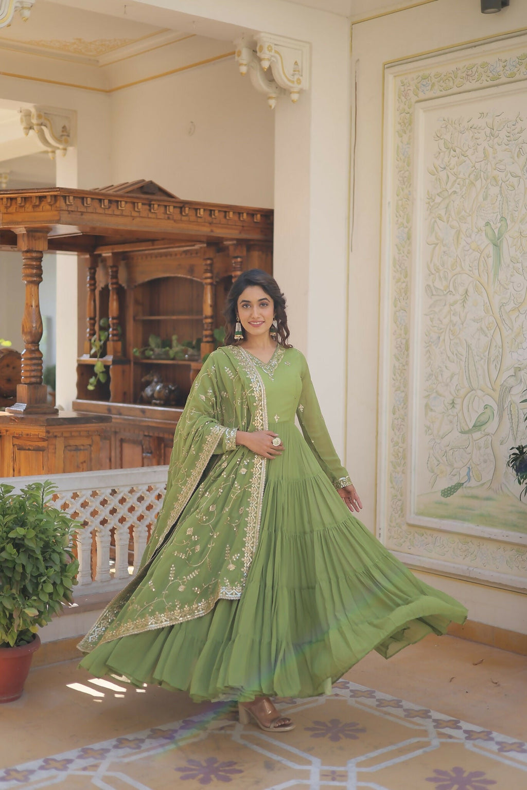 Joban Fashion Green Georgette Sequence Embroidery Work Kurta Set | Grocsy