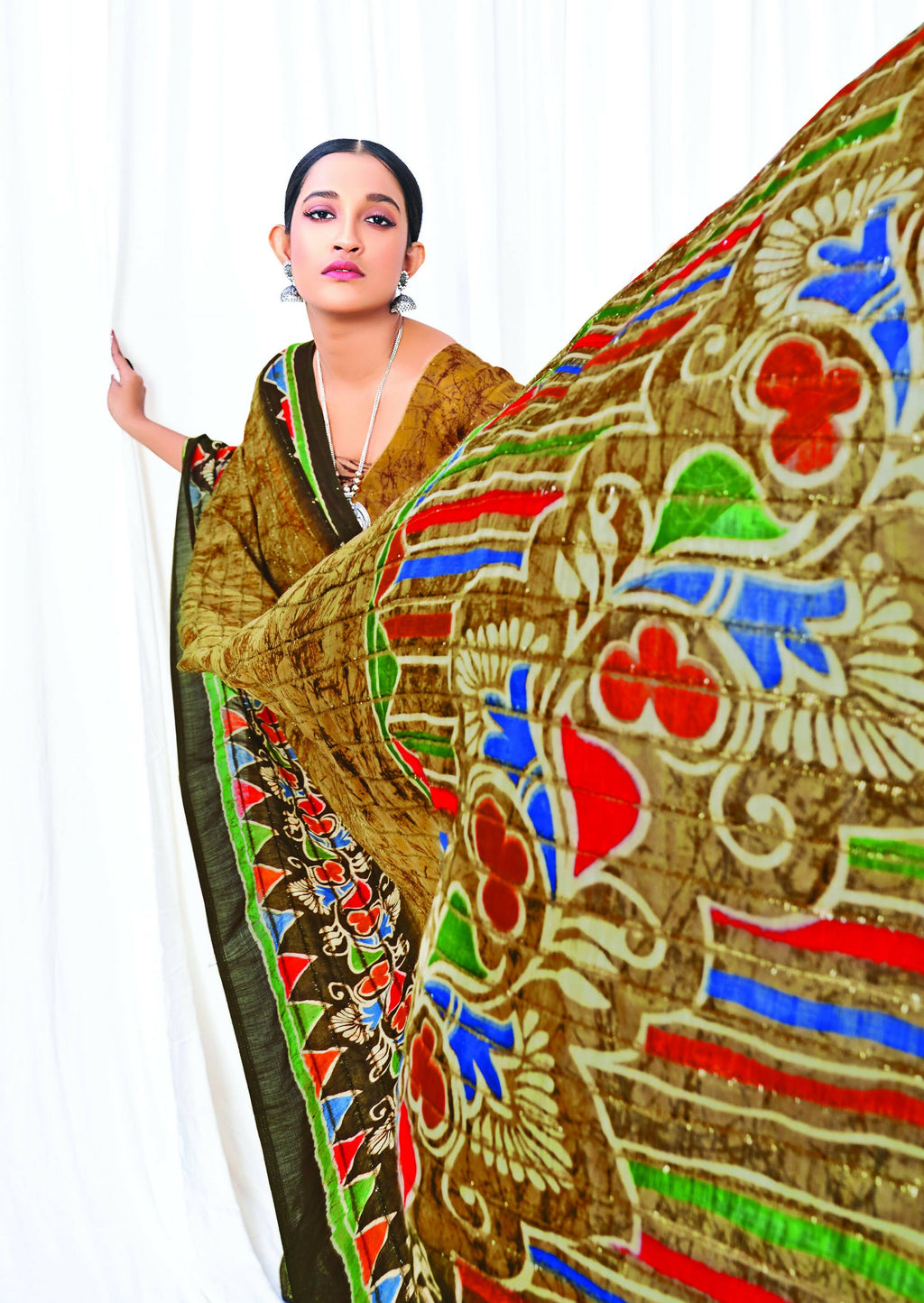 Beige Chanderi Cotton Floral Printed Saree With Unstitched Blouse Piece - Kathika | Grocsy