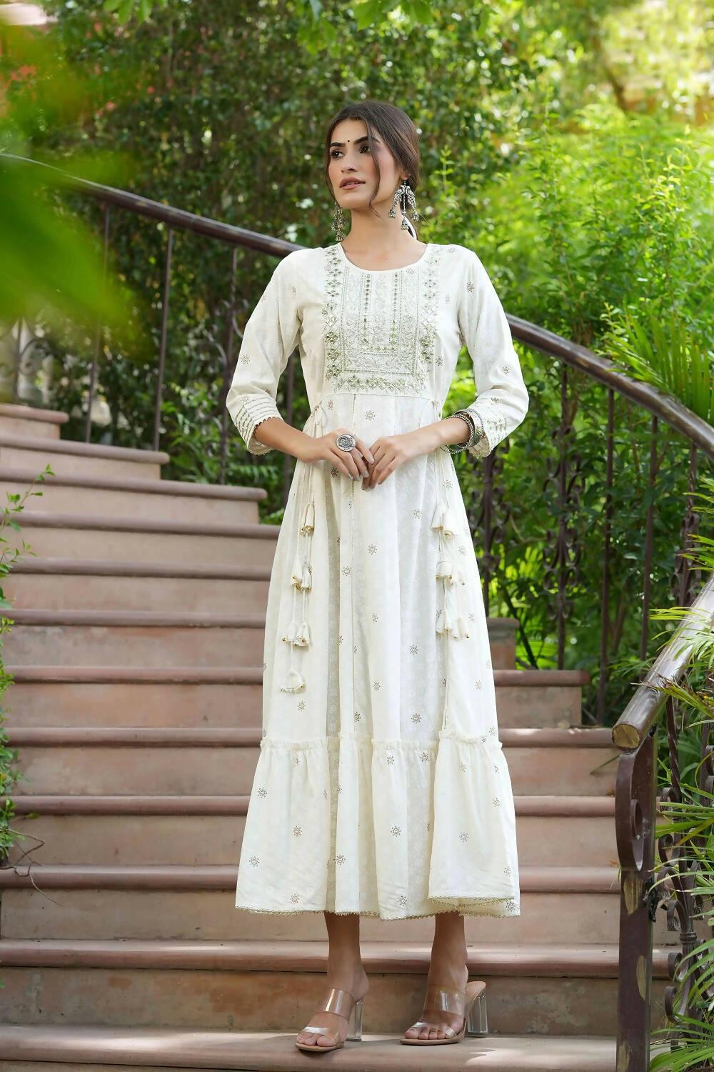 Juniper Off-White Rayon Festive Wear Embroidered A-Line Long Dress | Grocsy